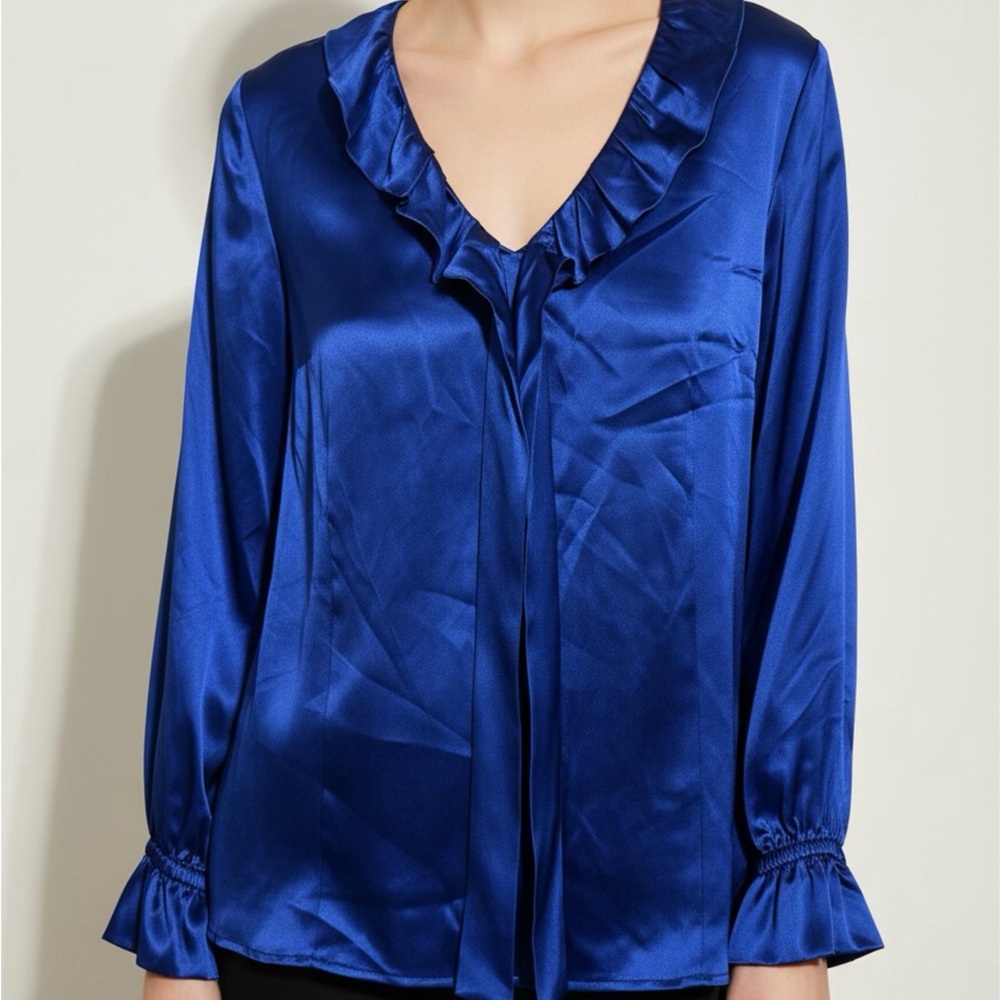 Alfani Women's Blue Satin Ruffle Blouse
